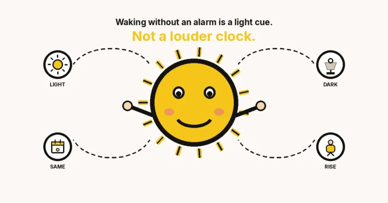 Cartoon sun-face hub with LIGHT DARK SAME RISE rings — waking without an alarm is a light cue, not a louder clock.