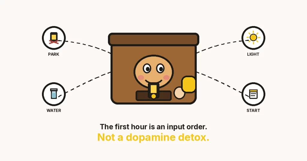 The low-dopamine morning routine — The Growth Reads featured image: a drawer-face parking a glowing phone, with park, light, water, and start rings.