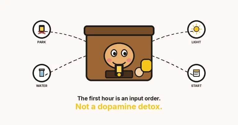 The low-dopamine morning routine — The Growth Reads featured image: a drawer-face parking a glowing phone, with park, light, water, and start rings.