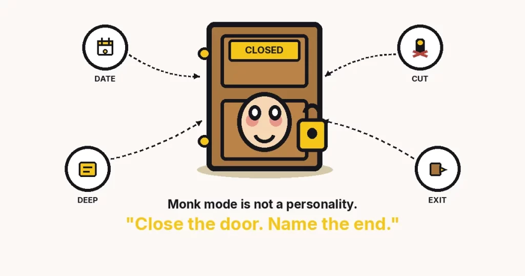 Cartoon closed door with a face and a fat padlock. DATE, CUT, DEEP, EXIT. Monk mode is not a personality.