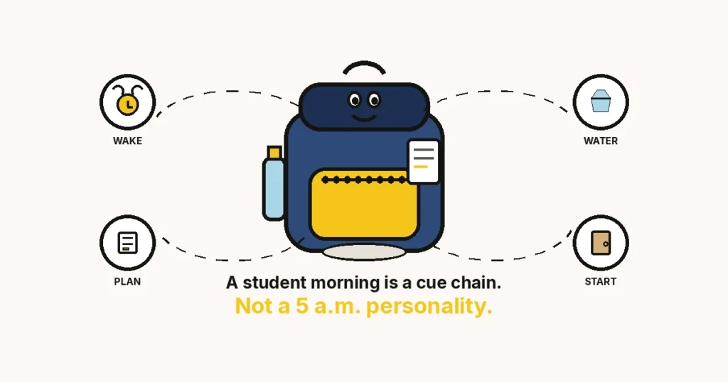 A morning routine for students — large cartoon backpack hub with WAKE, WATER, PLAN and START rings