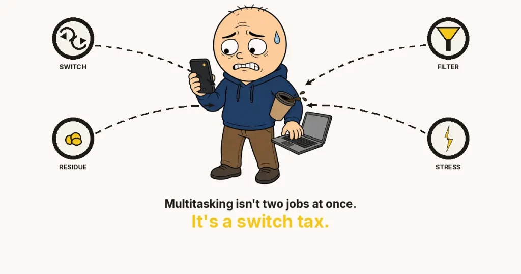 Multitasking featured image: a navy-hoodie cartoon character juggling a phone, laptop and spilling coffee, with SWITCH, FILTER, RESIDUE and STRESS rings.