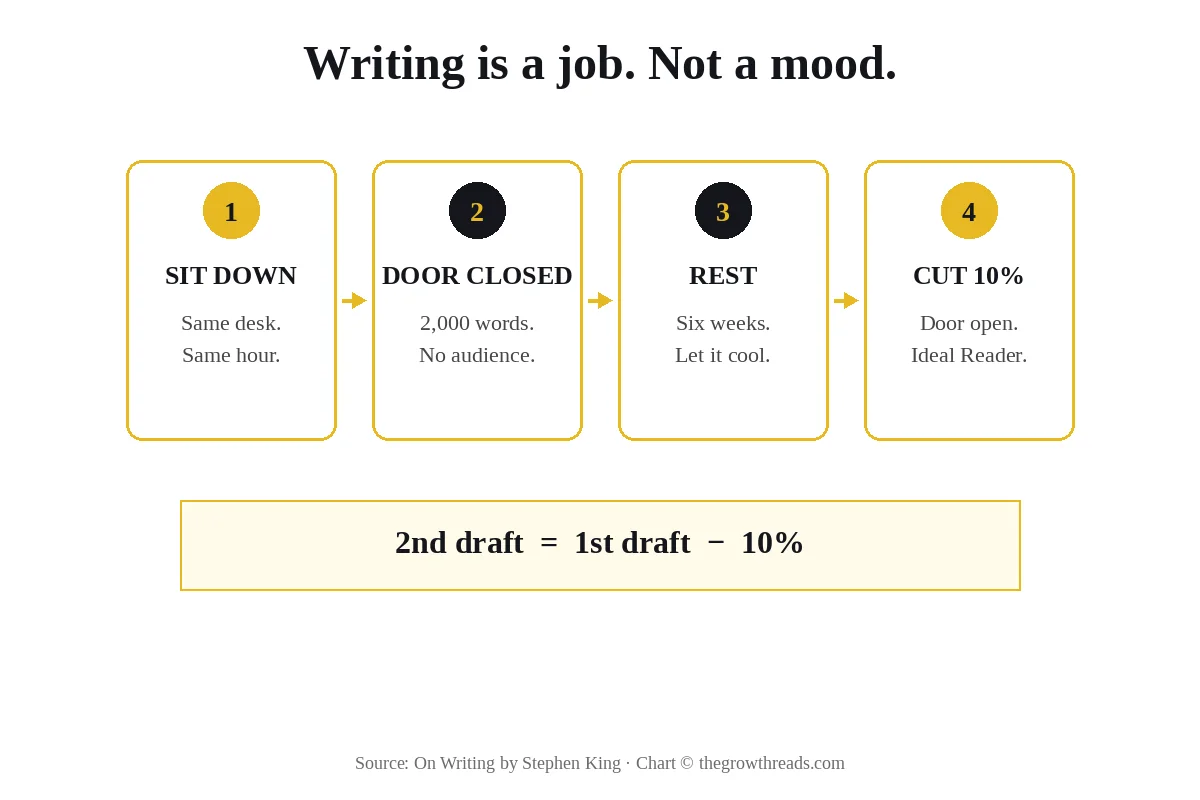Writing is a job not a mood: sit down, closed door, rest, cut 10 percent