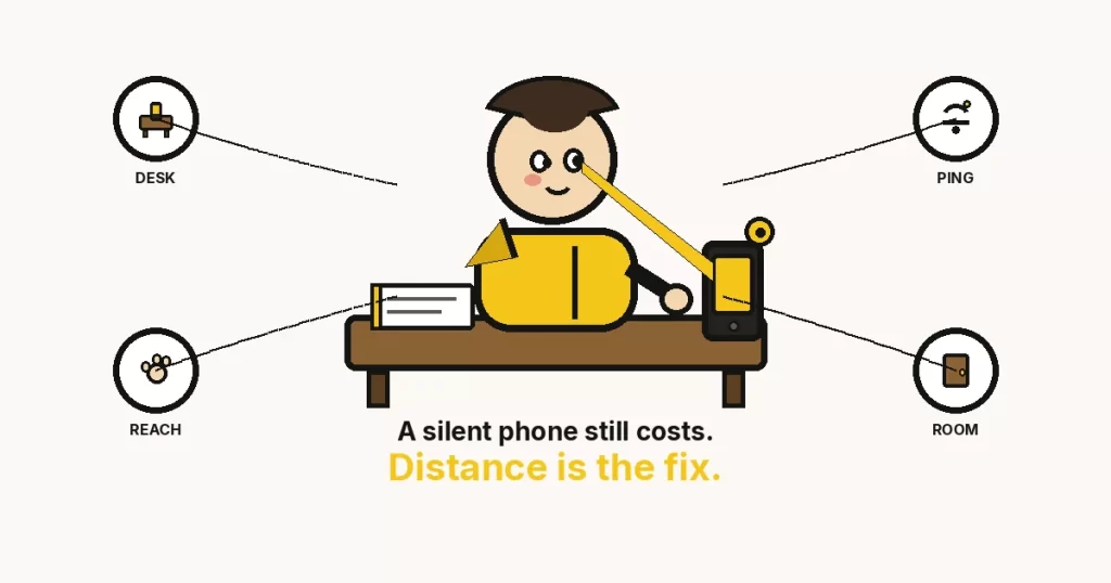 Phone distraction featured drawing: a hoodie person at a desk whose attention beam hits a chunky phone, with DESK, PING, REACH, and ROOM rings.