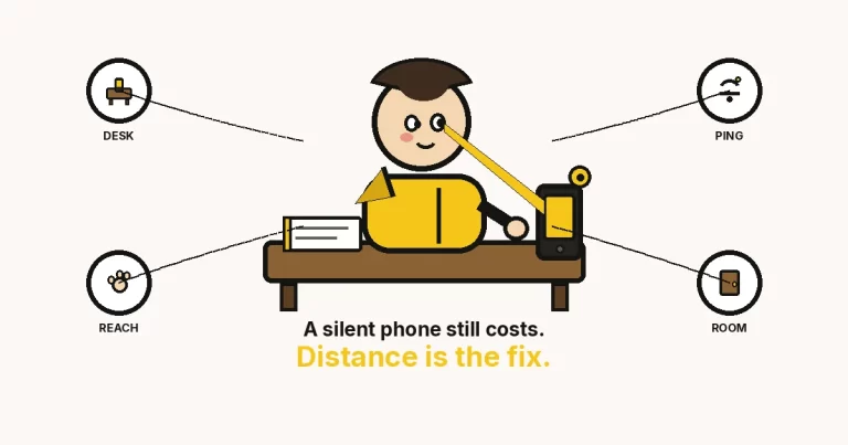 Phone distraction featured drawing: a hoodie person at a desk whose attention beam hits a chunky phone, with DESK, PING, REACH, and ROOM rings.