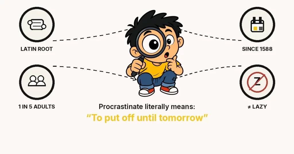 Featured: procrastinate meaning — a kid catching the real definition of the word through a magnifying glass, with Latin root, 1588, chronic-adult, and not-laziness facts