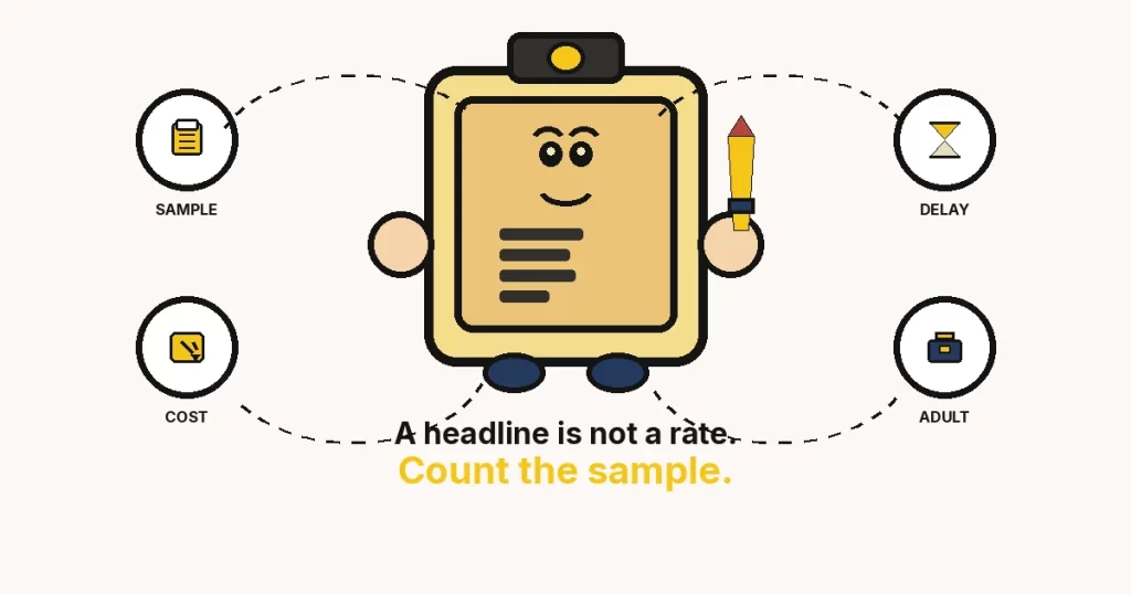 Cartoon clipboard with a face and a pencil: procrastination statistics count the sample, not the slogan.
