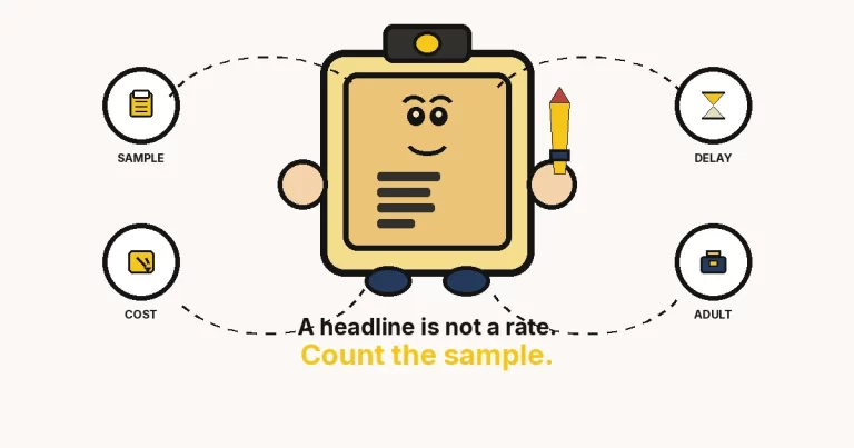 Cartoon clipboard with a face and a pencil: procrastination statistics count the sample, not the slogan.