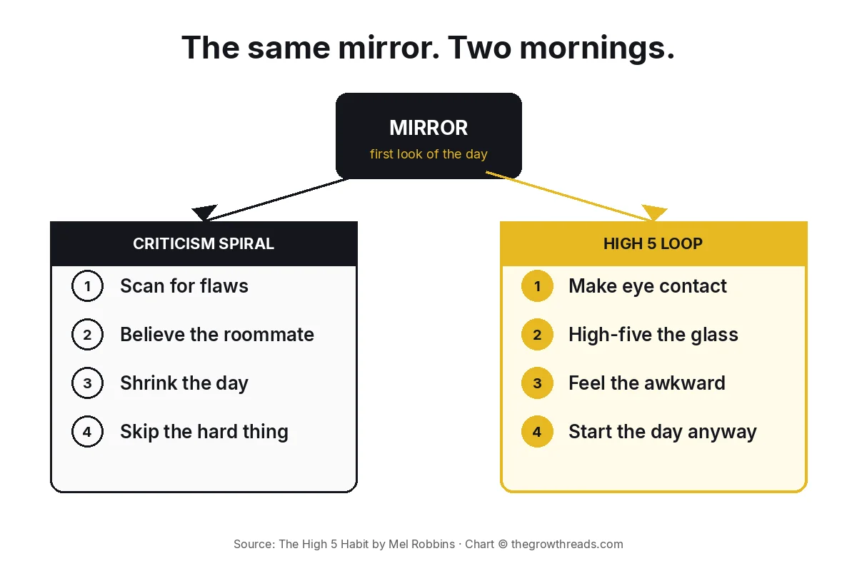 Concept chart: the same mirror splits into a criticism spiral or a High 5 loop, from The High 5 Habit