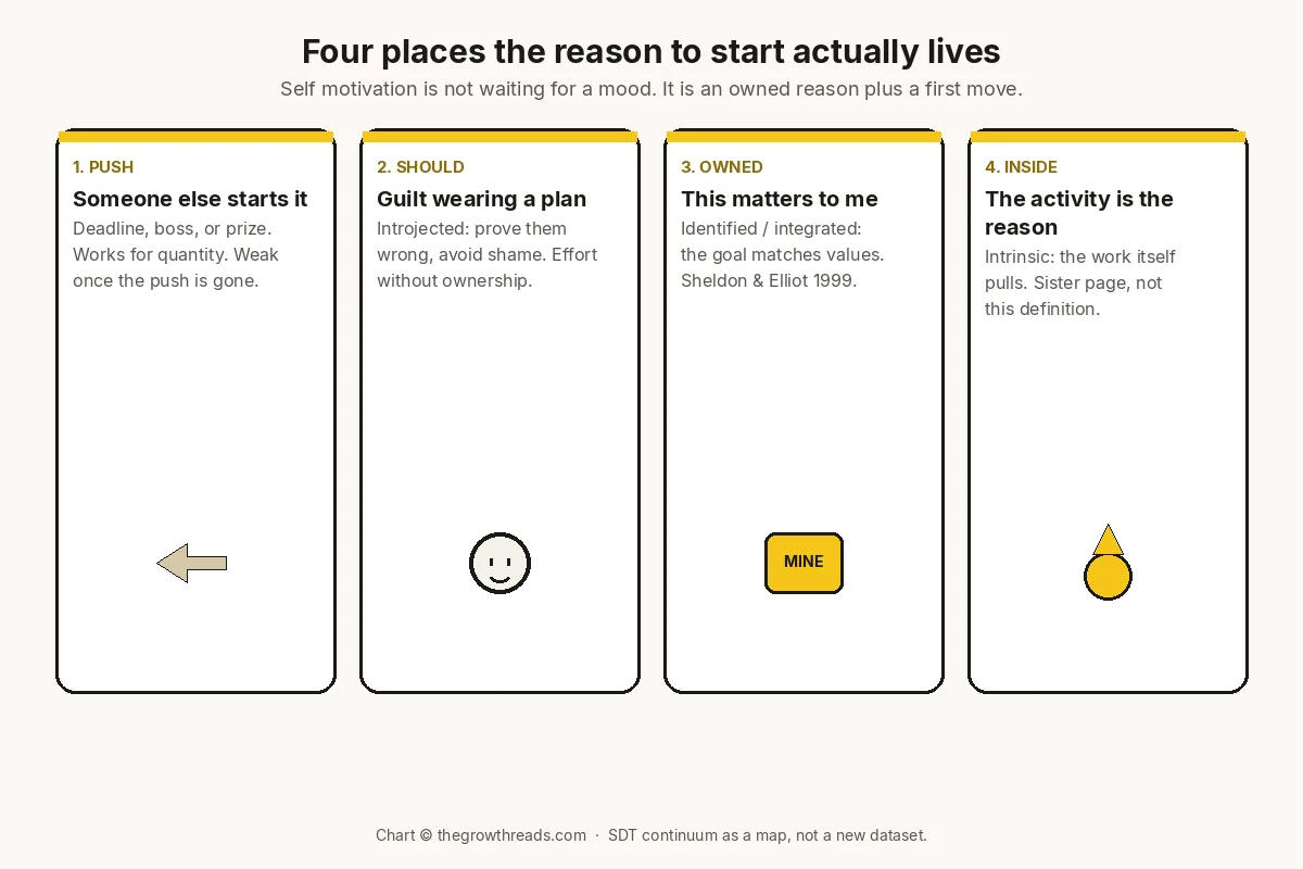 Four-card concept chart of where the reason to start lives: an external push, a guilty should, an owned value, and intrinsic pull inside the activity.