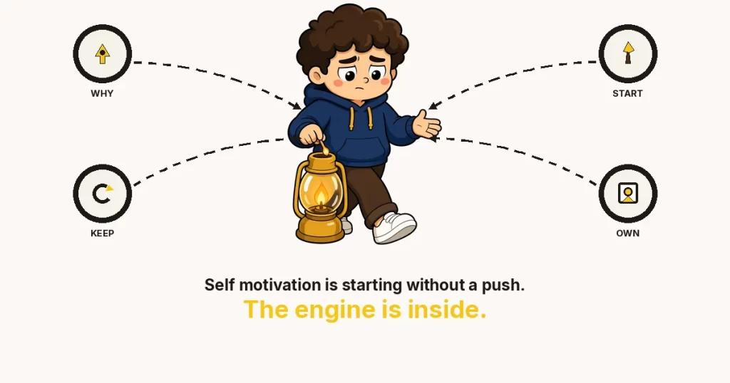 Self motivation featured image: a navy-hoodie cartoon character lighting a lantern and taking a first step, with WHY, START, KEEP, OWN rings.