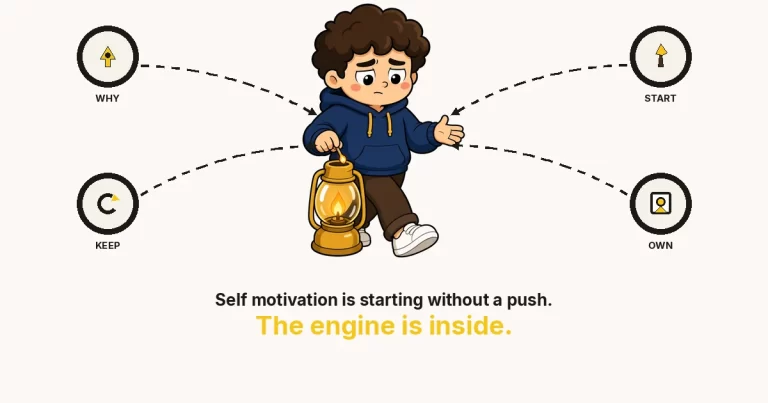 Self motivation featured image: a navy-hoodie cartoon character lighting a lantern and taking a first step, with WHY, START, KEEP, OWN rings.