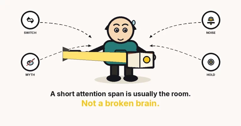 Short attention span featured image: a teal-hoodie cartoon holding a short flashlight beam on an open book, with SWITCH, NOISE, MYTH and HOLD rings.