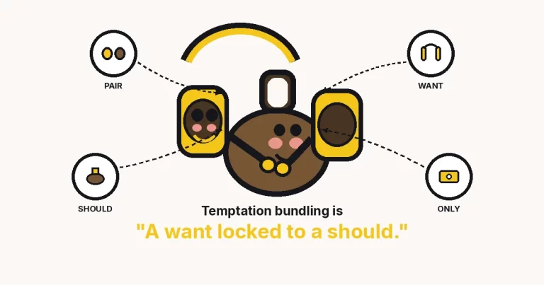 Cartoon headphones hugging a kettlebell — PAIR, WANT, SHOULD, ONLY. Temptation bundling is a want locked to a should.