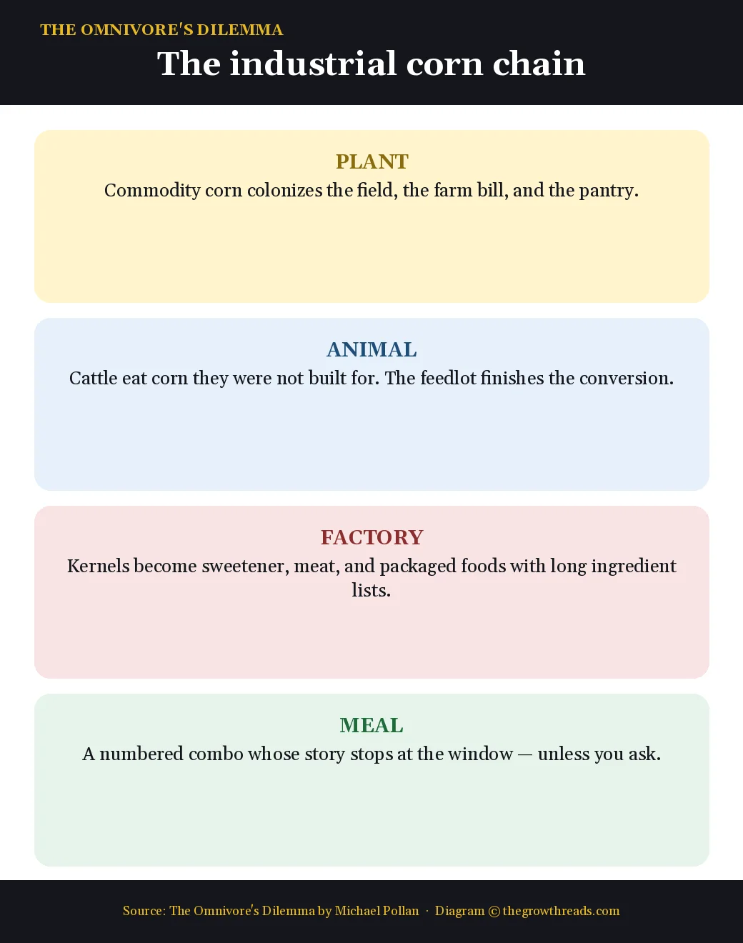 Four steps of the industrial corn chain in The Omnivore's Dilemma by Michael Pollan