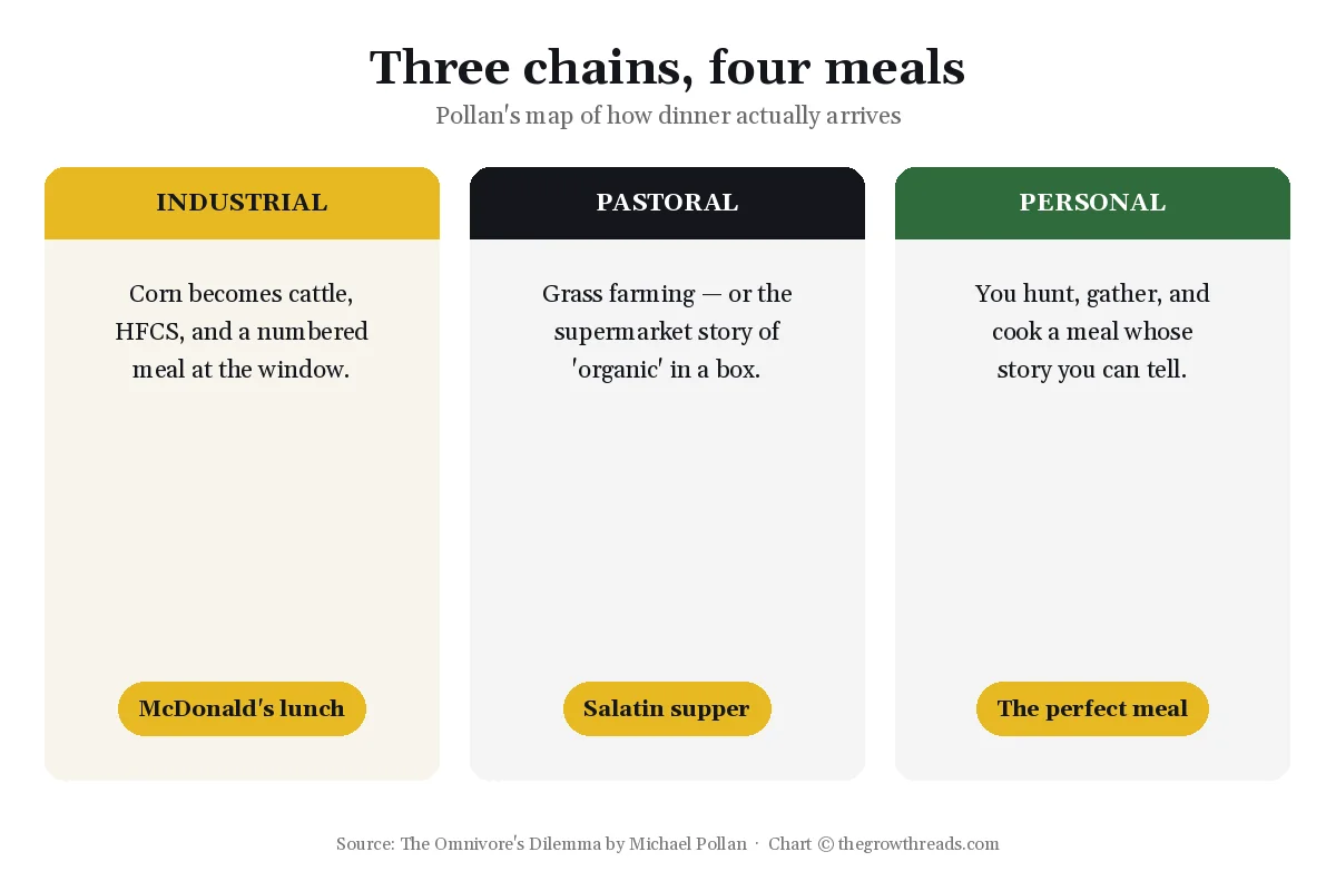 Chart of three food chains ending in four meals in The Omnivore's Dilemma by Michael Pollan