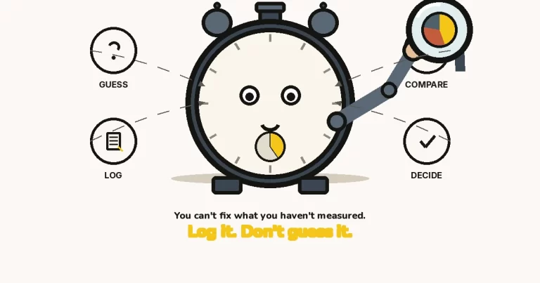 How to Run a Time Audit — The Growth Reads featured image: a large cartoon stopwatch character with a face, holding a magnifying glass up to a small pie chart, with GUESS, LOG, COMPARE and DECIDE rings.