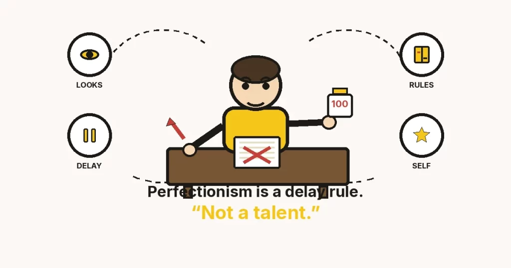 Cartoon at a desk on cream: a red-X draft and unused 100 stamp.