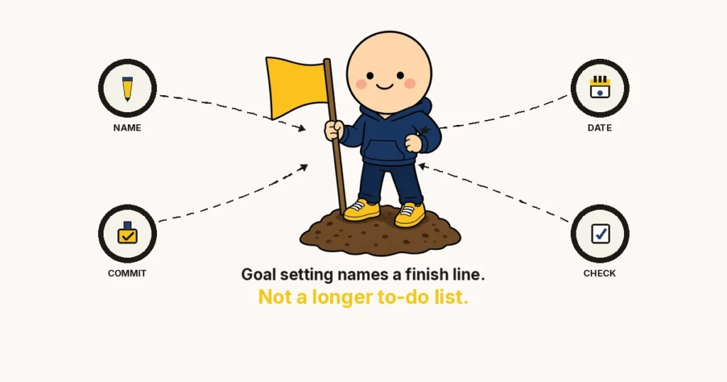 What is goal setting — The Growth Reads featured image: a navy-hoodie cartoon plants a yellow flag. Rings: name, date, commit, check.