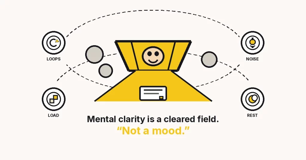 What is mental clarity — The Growth Reads featured image: a large lamp character clearing a field, with loops, noise, load, and rest rings.