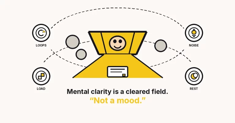 What is mental clarity — The Growth Reads featured image: a large lamp character clearing a field, with loops, noise, load, and rest rings.