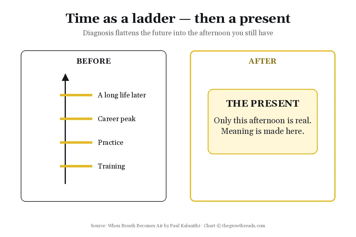 Chart of time as a ladder versus a perpetual present in When Breath Becomes Air by Paul Kalanithi
