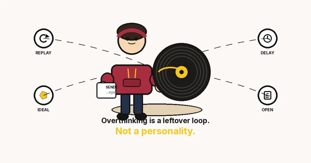 Why do I overthink everything — a maroon-hoodie cartoon holding a skipping vinyl record, leftover-loop rings, mustard line Not a personality.