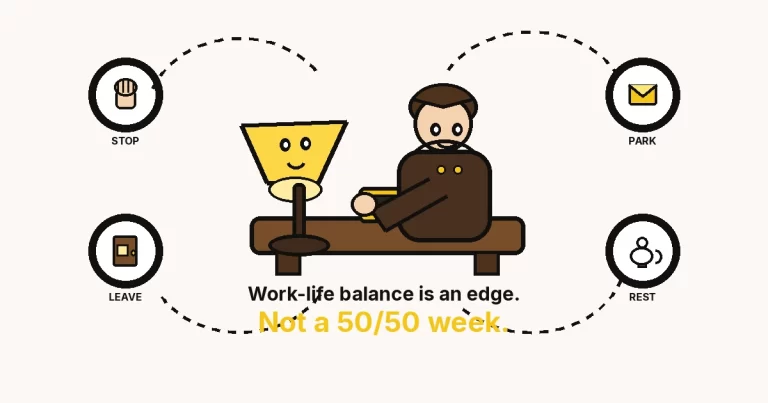 How to achieve work-life balance — a large cartoon lamp and closed laptop, with STOP, PARK, LEAVE, and REST rings.