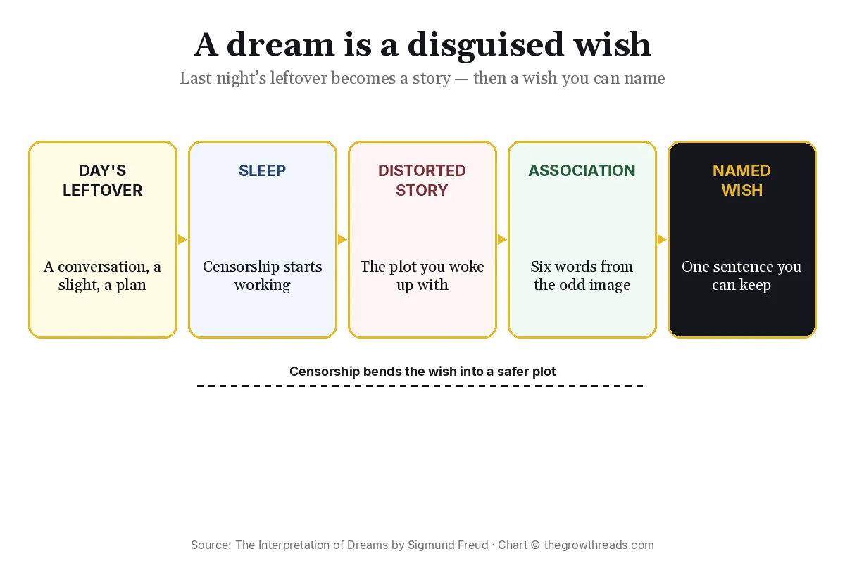 Five-step path from a day's leftover to a named wish in Freud