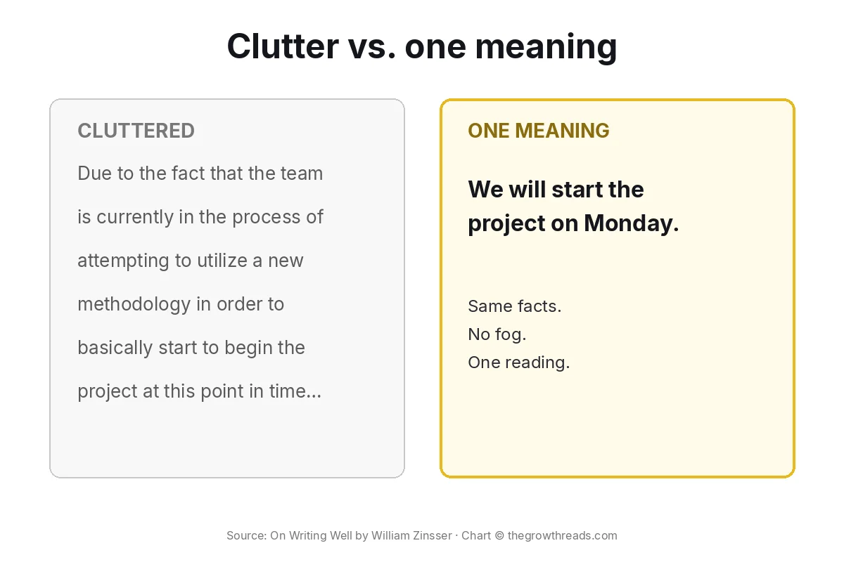 Concept chart: a cluttered bureaucratic sentence versus the same facts in one clear line