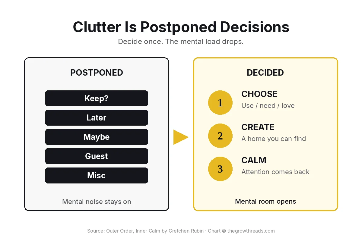 Concept chart: clutter is postponed decisions versus choose, create, calm