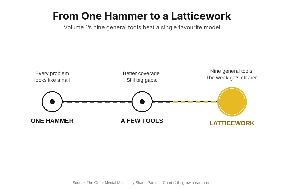 Spectrum chart from one hammer to a few tools to a gold latticework of nine general mental models