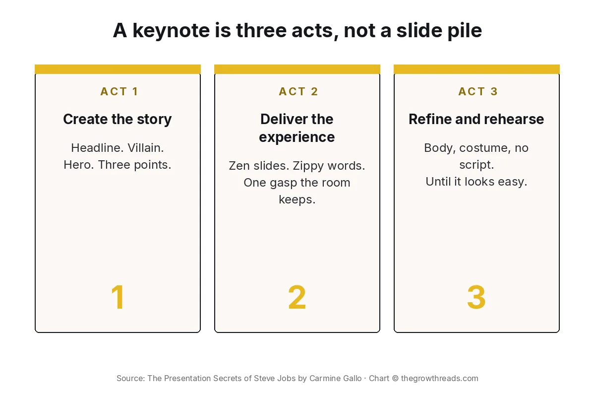 Concept chart: The Presentation Secrets of Steve Jobs three-act keynote — create the story, deliver the experience, refine and rehearse