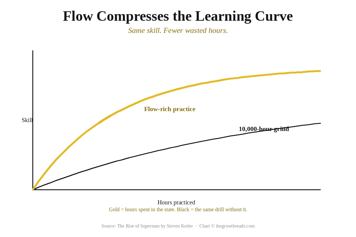 Learning curve chart: a gold flow-rich practice line rises faster than a dashed 10,000-hour grind line