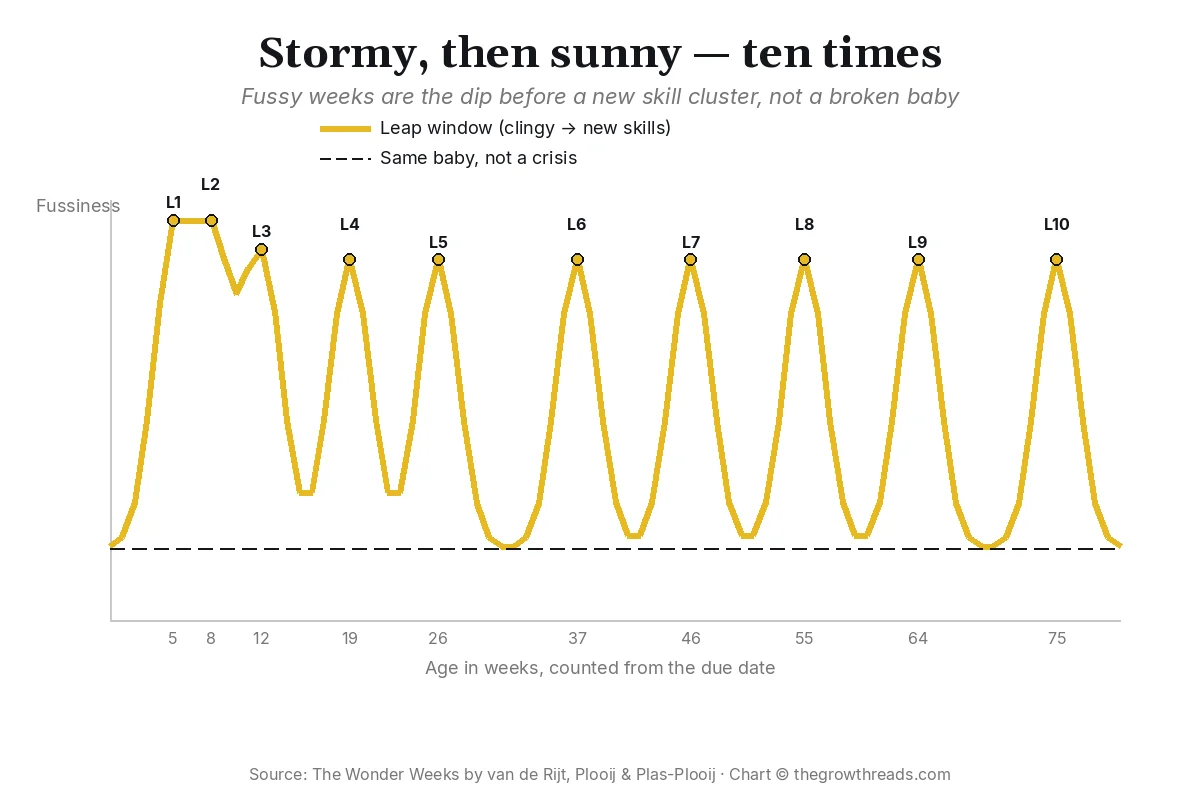 Chart of ten stormy-then-sunny leap windows in The Wonder Weeks by van de Rijt, Plooij and Plas-Plooij